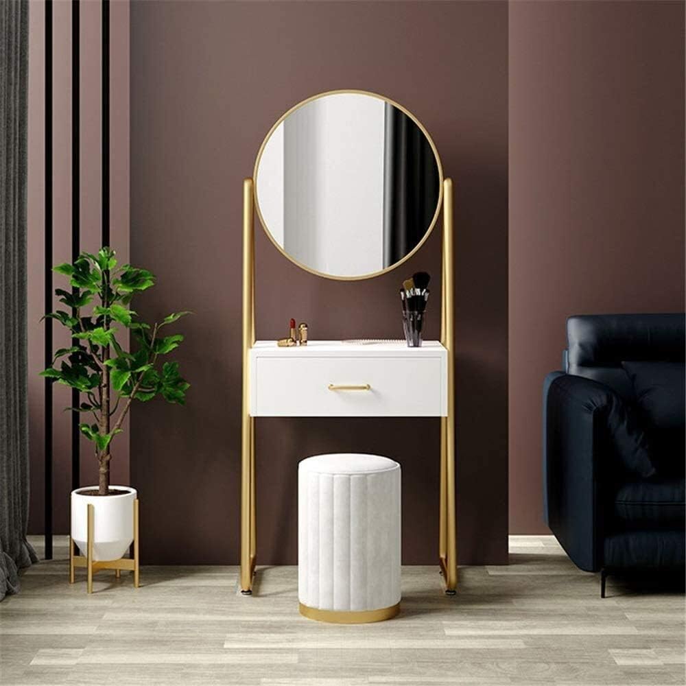 Luxury Dressing Vanity Table w/Stool for Bedroom, 2 in 1 Makeup Vanity Desk Dresser Mini European Princess Storage Cabinet Integrated Dressing Table with Chair
