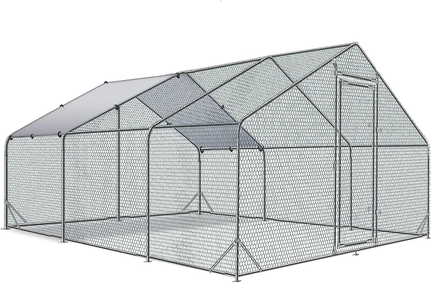 Large Metal Chicken Coop Walk-in Poultry Cage Hen Run House Rabbits Habitat Cage Spire Shaped Coop with Waterproof and Anti-Ultraviolet Cover (9.8' L x 19.7' W x 6.4' H)
