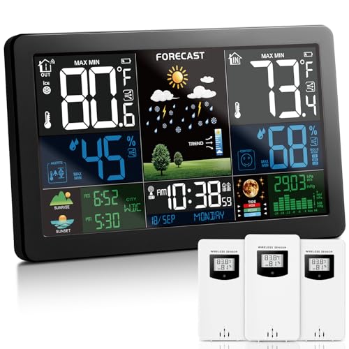 Weather Station Indoor Outdoor Thermometer Wireless Color Display Digital Temperature Humidity Monitor, Weather Thermometer Forecast Station with Atomic Clock and Adjustable Backlight