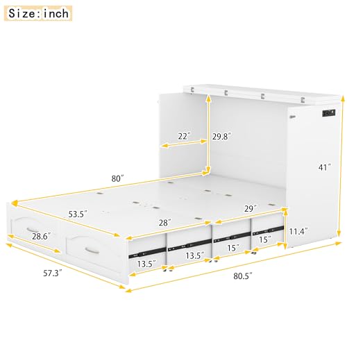 Murphy Bed Queen Size Wall Bed with Storage Drawers Wood Murphy Bed Chest with Charging Station Foldable Platform Bed with Pulley Structure Design, Gray