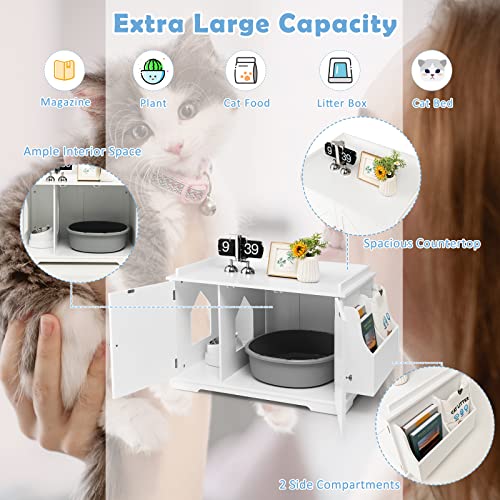 Tangkula Cat Litter Box Enclosure, Wooden Cat House Side Table w/Removable Divider, Reversible Entrance, Magazine Rack, Large Nightstand Pet House, Hidden Cat Washroom, Litter Box Furniture (White)
