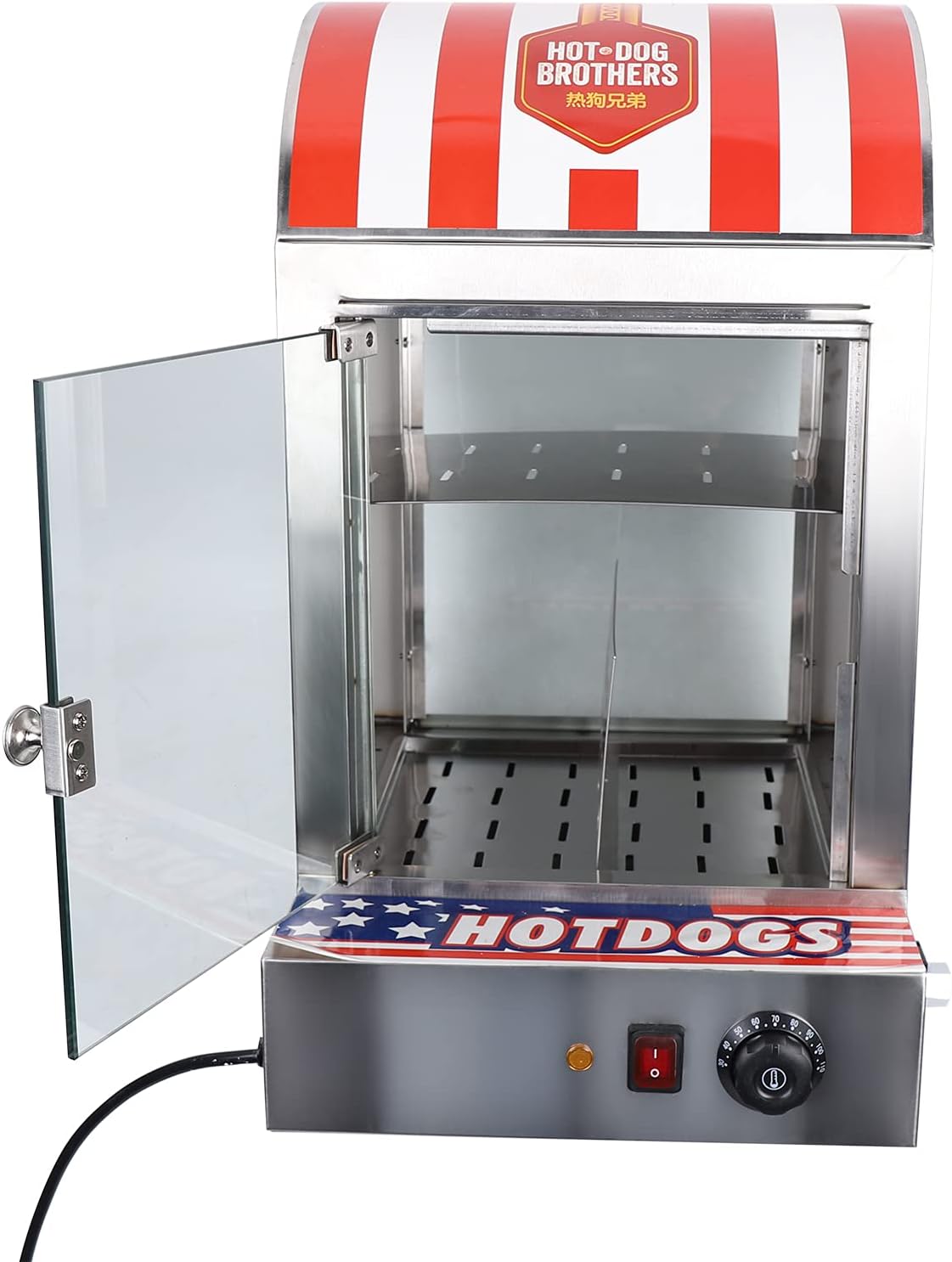 Hot Dog Steamer, 1500W 110V 30-110℃ 2-Tier Commercial Hut Steamer Hot Dog Cooker Electric Bun Warmer Pizza Warmer Condiment Station with Tempered Glass Doors Stainless Steel