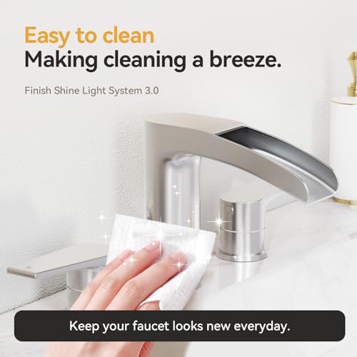 Phiestina Waterfall Brushed Nickel Bathroom Faucet, Widespread 3 Hole 8 Inch Vanity Sink Faucet, with Pop Up Drain and Water Supply Line, NS-WF005-BN