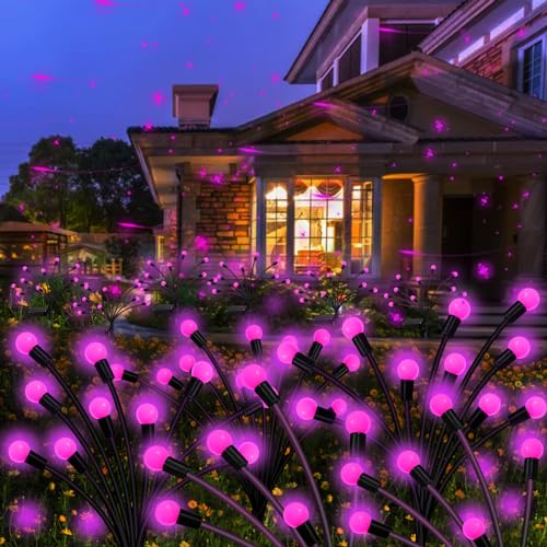 Solar Garden Lights Outdoor, 2 Pack 20 LED Solar Purple Firefly Lights Waterproof, Starburst Solar Wind Swaying Lights for Outside Yard Patio Planter Flower Bed Walkway Halloween Christmas Decoration