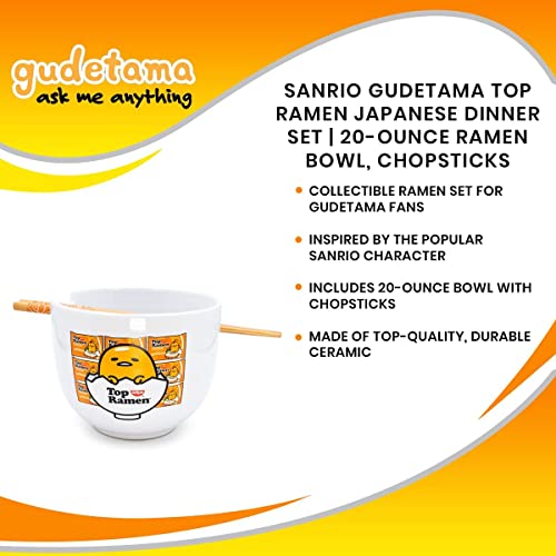 Silver Buffalo Sanrio Gudetama Lazy Egg Nissin Top Ramen Ceramic Ramen Noodle Rice Bowl with Chopsticks, Microwave Safe, 20 Ounces
