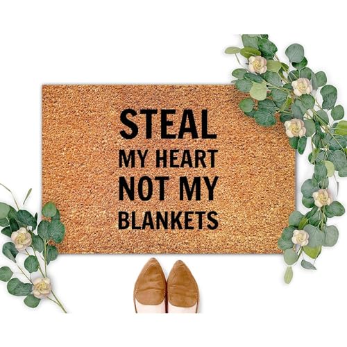 Steal My Heart Not My Blankets Coir Mat Family Phrase Door Mats Rustic Thick Durable Non Slip Mat for Outside Home High Traffic Area 24x36in