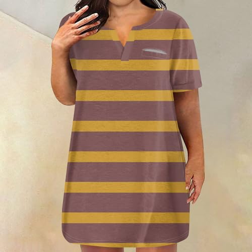 Womens Summer Dresses Plus Size Loose Fit Floral Print Beach Dress V-Neck Short Sleeve Mini Party Dress with Pocket