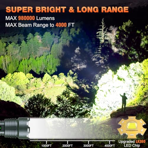 Alifa Rechargeable LED Flashlights 980000 High Lumens, Super Bright Tactical Flashlights Rechargeable, 5 Modes Brightest Powerful Waterproof Flashlight with Zoomable for Emergencies Camping