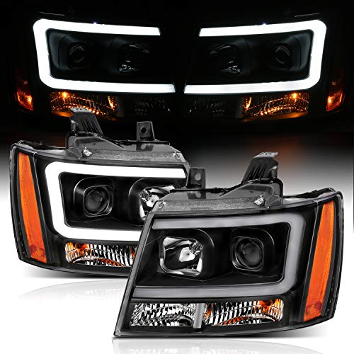 AmeriLite for 2007-2013 Chevy Avalanche/Suburban/Tahoe Switchback LED Turn Siganl Tube Chrome Projector Headlights Assembly Pair - Passenger and Driver Side
