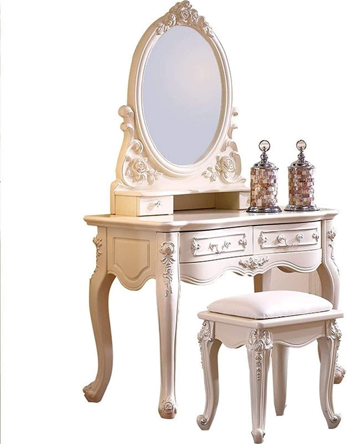 Luxury Dressing Vanity Table w/Stool for Bedroom, 2 in 1 Makeup Vanity Desk European Style Dressing Table Solid Wood Small Apartment Mini Carved