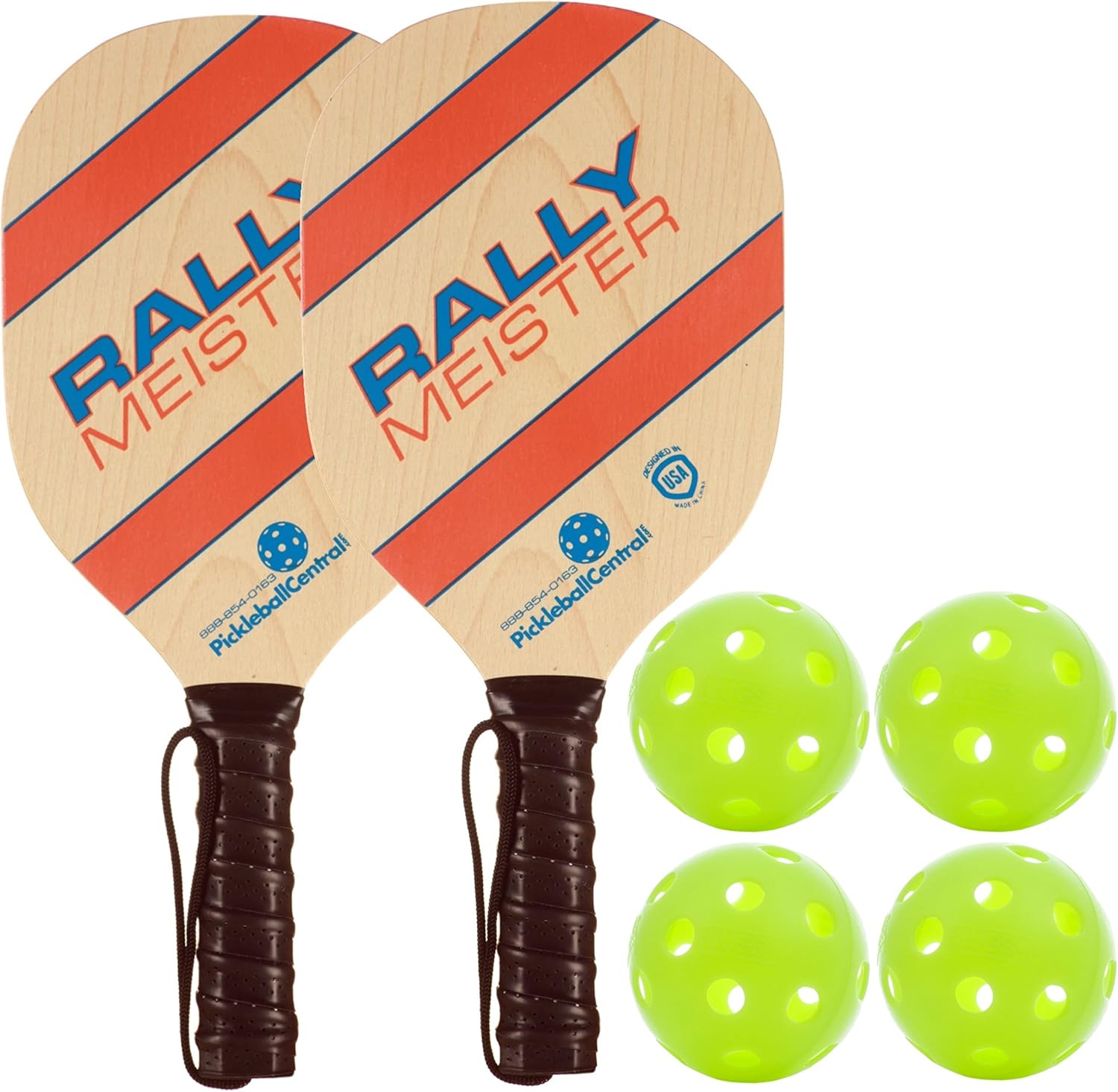 Rally Meister Wood Pickleball Paddle Bundle ( Set included 2 Paddles & 4 Balls )
