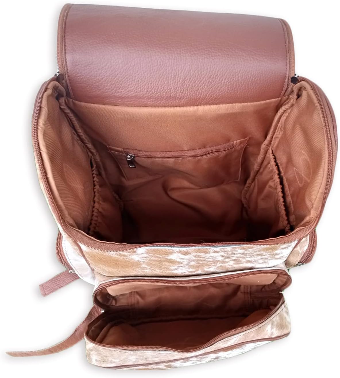 Real Cowhide Backpack Bag Cowhide Diaper Bag Travel Daypack Bag Hold all Backpack Multi Pockets | Brown and White Backpack Bag