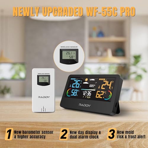 Raddy WF-55C PRO Weather Station Wireless Indoor Outdoor Thermometer Hygrometer Color Display Weather Forecast with Extra Sensor for Home Use