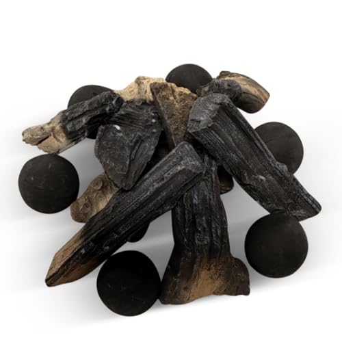 Ceramic Fire Logs& Pebbles Set, Faux Ceramic Fire Logs Stones Gas Fireplace, Fake Ceramic Fiber Wood Fire Balls Decorative Landscape Stones for Gas Fire Pits Fire Bowl Fireplace Outdoor and Indoor