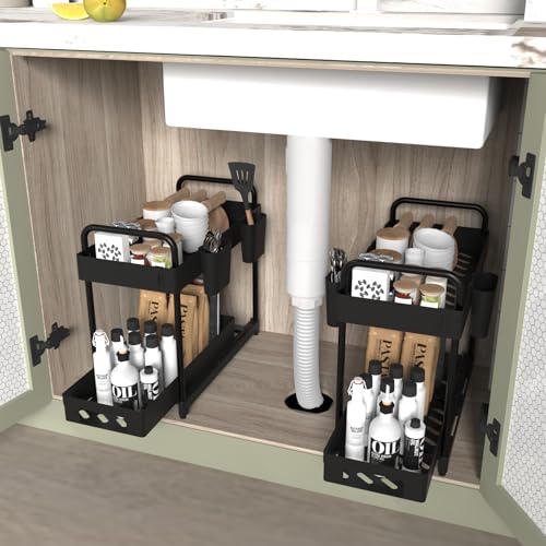 2 Pack Double-Layer Under Sink Organizer for Efficiently Utilizing Space, High Capacity and Space Saving, 2 Tier Sliding Under Sink Shelf with 4 Hooks and a Cup Slot(Black)