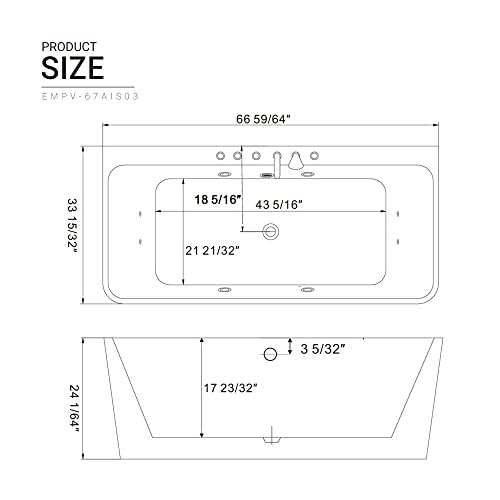 Empava 59-Inch Freestanding Whirlpool Bathtub Rectangular with 8 Hydromassage Adjustable Water Jets Luxury Acrylic Massage SPA Soaking Bath Tub Double Ended, White