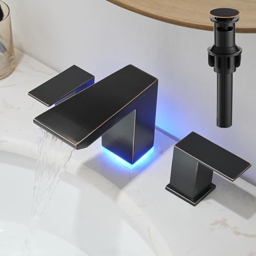 BESy Led 3 Hole Bathroom Sink Faucet, Brushed Nickel Waterfall Wide Spread Bathroom Faucet with 3 Colors Light Changing, Widespread Vanity Faucet 2 Handle with Supply Lines with Pop Up Drain