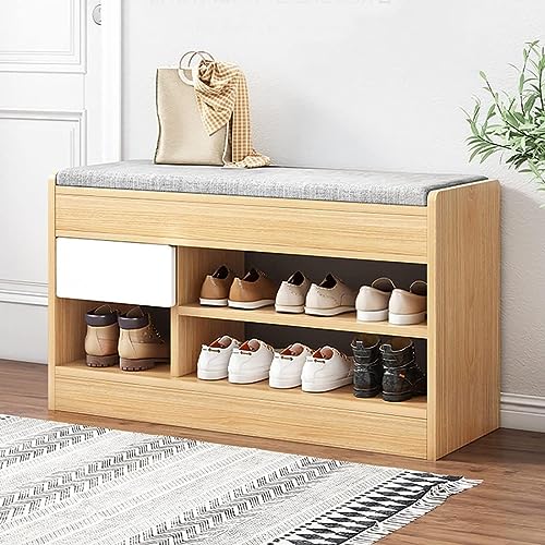 2-Tier Shoes Bench with Hidden Storage Cabinet and Cushioned Seat, Entryway Wooden Shoe Rack Shoe Storage Cupboard with Drawer for Living Room Hallway, Space Saving, 80 * 30 * 45/52CM,B