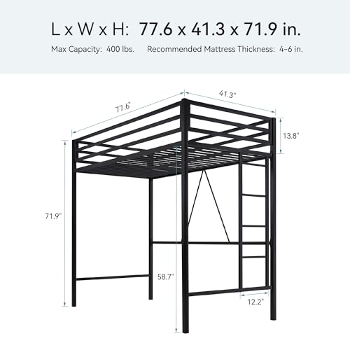 HOOMIC Modern Twin Size Metal Loft Bed Frame with Full-Length Guardrail, Removable Ladder, Space-Saving Design, Noise Free, Easy Assembly, Cream White
