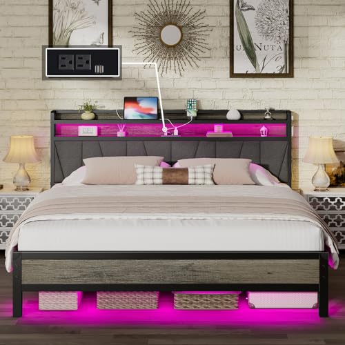 King Size Bed Frame with RGBW LED Lights & Charging Station, Linen Upholstered Headboard with 2-Tier Storage, Stable Metal Platform, Easy Assembly/No Box Spring Needed/Noise-Free, Rustic Brown