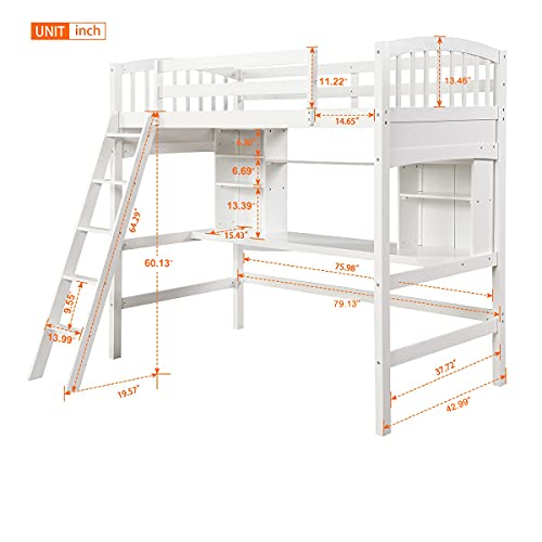 Wooden Twin Size Loft Bed with Desk and Storage Shelves, for Kids Teens Bedroom, Space Saving, White