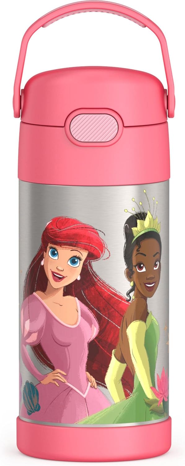 THERMOS FUNTAINER 12 Ounce Stainless Steel Vacuum Insulated Kids Straw Water Bottles, Disney Princess and Space Unicorn