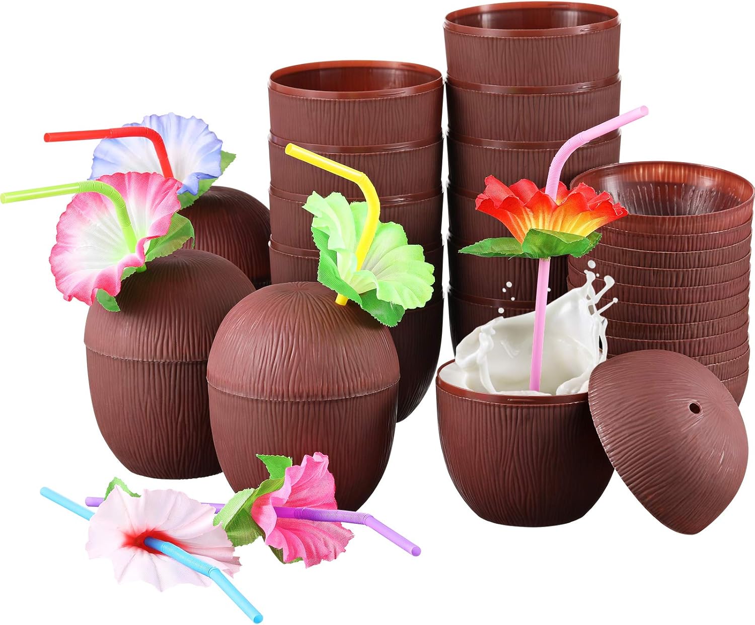 15 Pieces Coconut Cups with 15 Pieces Plastic Colorful Hibiscus Straws for Hawaiian Luau Kids Party Summer Beach Party Tiki and Beach Theme Party Drink or Decoration Cups