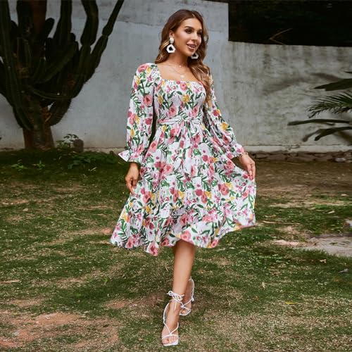 IDOPIP Women Boho Floral Smocked Ruffle Dress Square Neck Midi Dress Elegant Off Shoulder Sundress Flowy Wedding Guest Dress