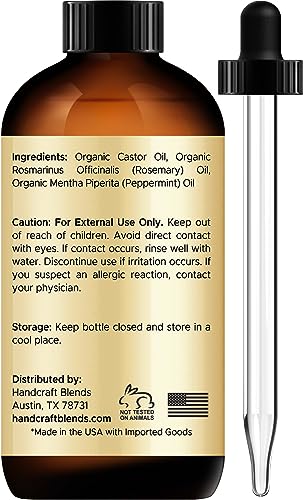 Handcraft Blends Organic Castor Oil with Organic Rosemary and Organic Peppermint Oil in Glass Bottle - 2 Fl Oz - 100% Pure and Natural - Premium Grade Oil for Hair Growth, Eyelashes and Eyebrows