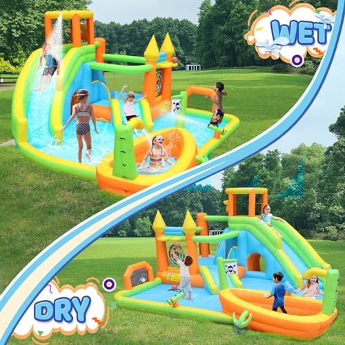 Inflatable Water Slide Park, Large Water Bouncer Castle Fun Bouncy House with Large Pool, Dual Slides, Climbing Wall, Basketball, Soccer, Archery, Toss Game, Easy to Set Up with Air Blower