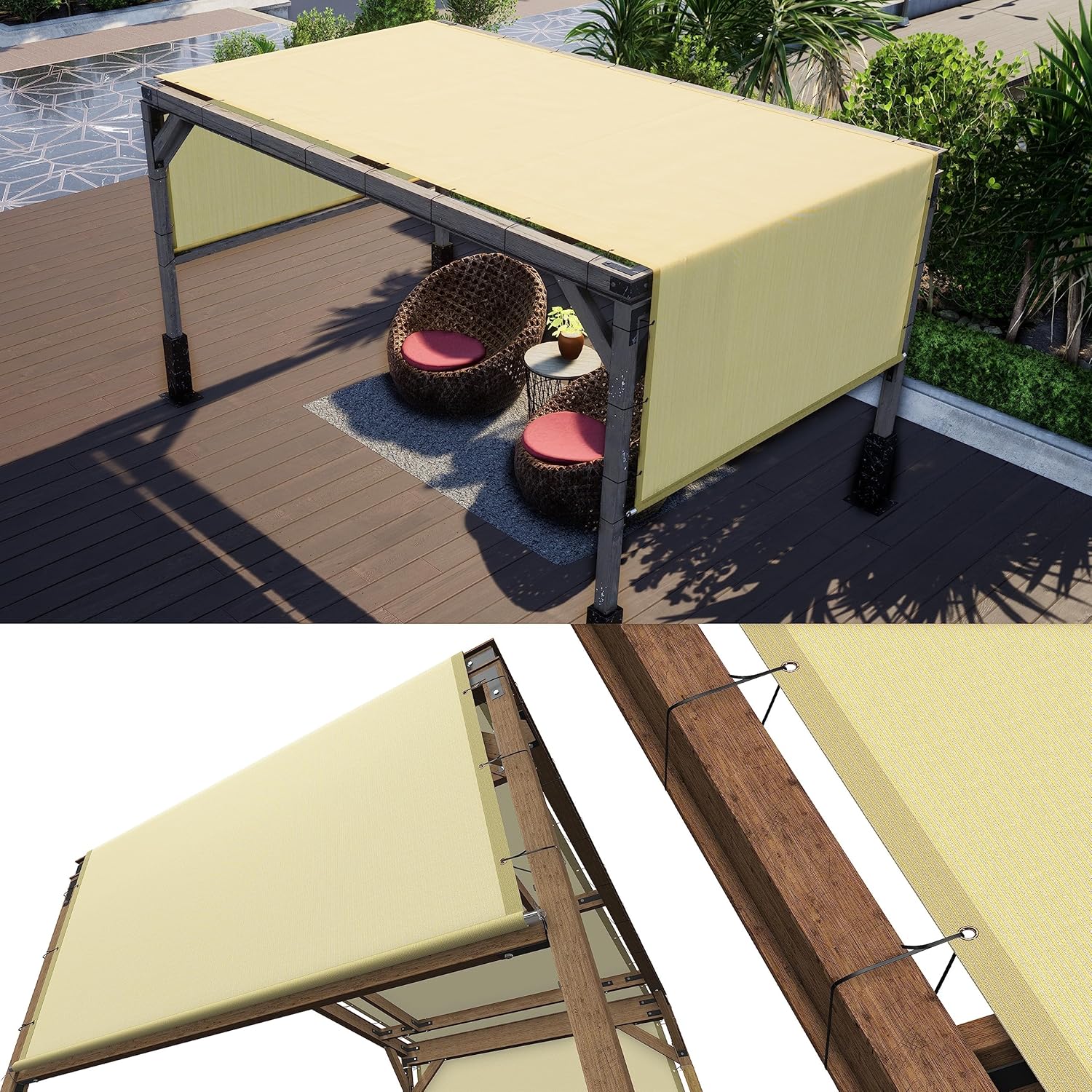 ColourTree 12' W x 25' L Beige Pergola Sun Shade Canopy Replacement Cover UPF50, Commercial Grade 260 GSM Cloth for Outdoor Patio, includes Stainless Steel Weighted Rods (We Make Custom Size)