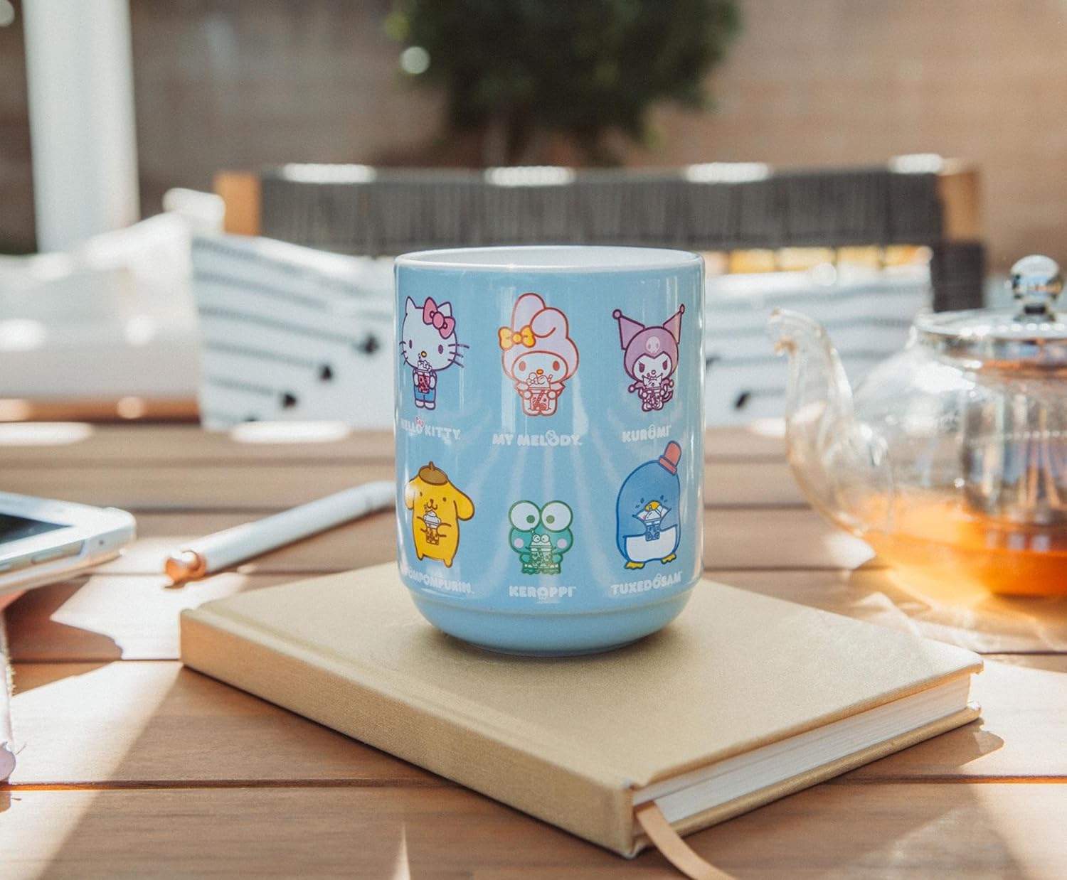 Hello Kitty Sanrio and Friends Drinking Boba Character Grid Asian Ceramic Tea Cup | Traditional Japanese-Inspired Mug Without Handle | Holds 9 Ounces