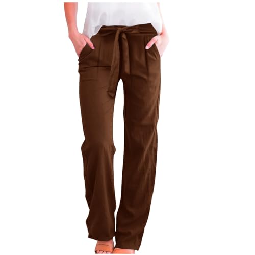 Women's Linen Blend Summer Casual Flowy Pants High Waist Lounge Pants Plus Size Trouser Vacation