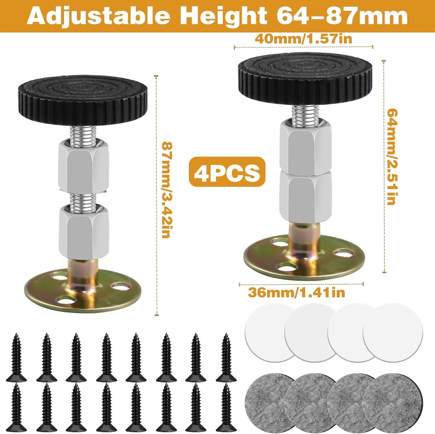 4Pcs Adjustable Furniture Legs, Bed Support Legs Furniture Levelers Leveling Feet with 16 Thread, Heavy Duty Replacement Legs Appliance Feet, Leg Levelers Bed Legs for Sofa Tables Cabinets, 64-87mm