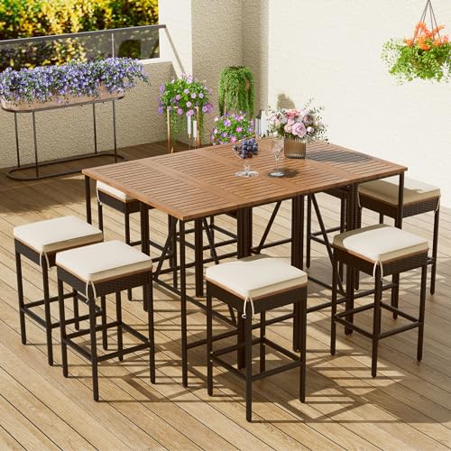 5 Piece Outdoor Patio Wicker Bar Height Table and Four Stools, Foldable Acacia Wood Tabletop, High-Dining Bistro Set, All-Weather Patio Furniture, Save Space