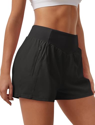 SILKWORLD Womens Shorts High Waisted Running Shorts Quick Dry Athletic Workout Shorts with Liner Zipper Pockets