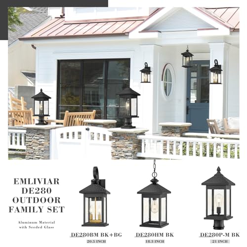 Emliviar 1-Light Outdoor Wall Lantern, Rustic Matte Black Exterior Light Fixture with Seeded Glass, Waterproof Wall Lighting for Front Door, DE280B BK