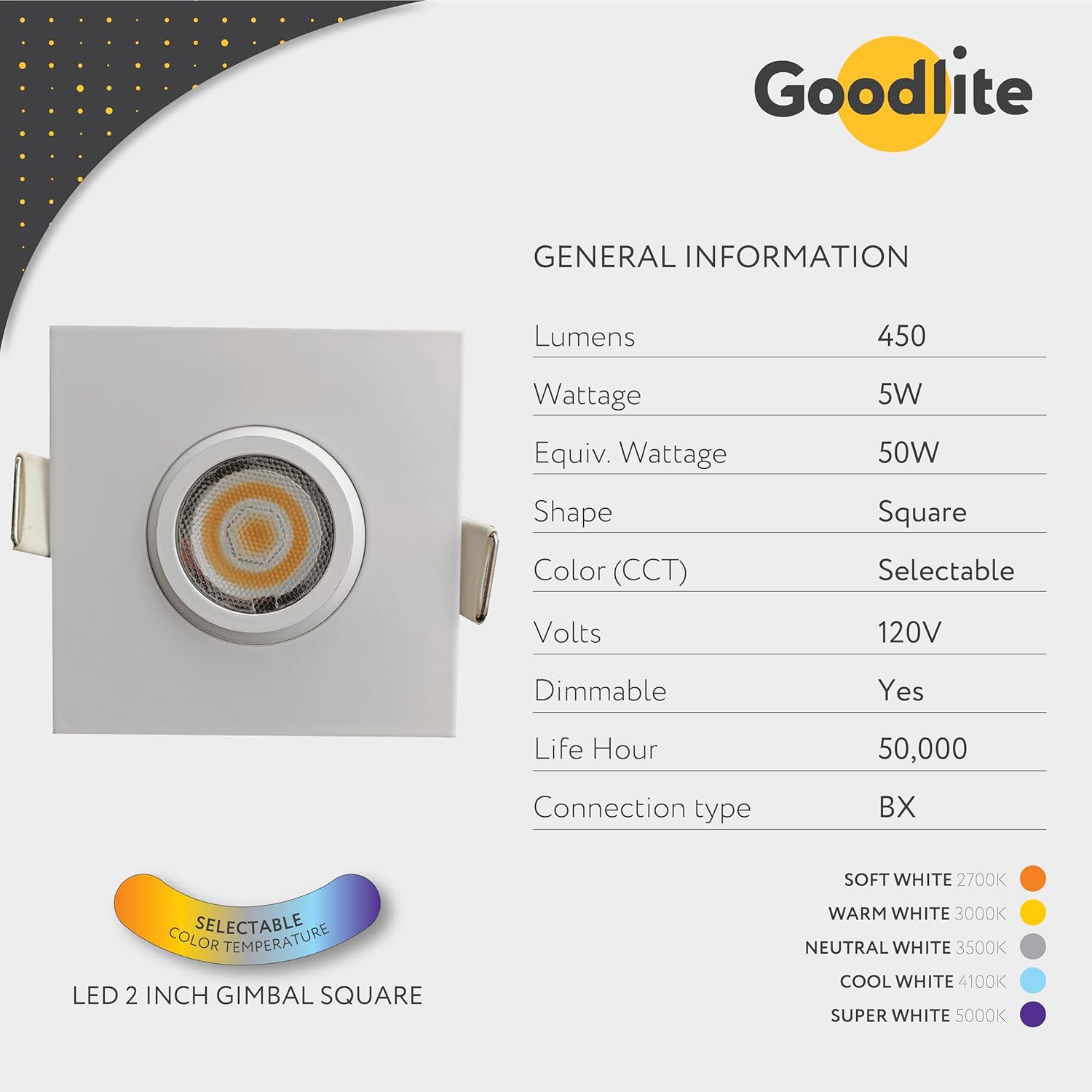 Goodlite 2 Inch Gimbal LED Recessed Light with Junction Box, 5W, 3000K Warm White, 400 Lumens, Dimmable Downlight, IC Rated, Damp Location - Adjustable Recessed Lighting