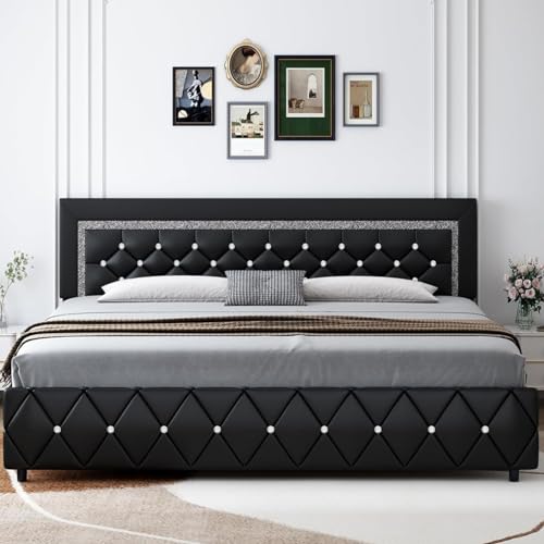 Full Size Bed Frame, Upholstered Platform Bed Frame with Headboard and Footboard, Diamond Stitched Button Tufted, Mattress Foundation, Wooden Slats Support, Easy Assembly, Pink