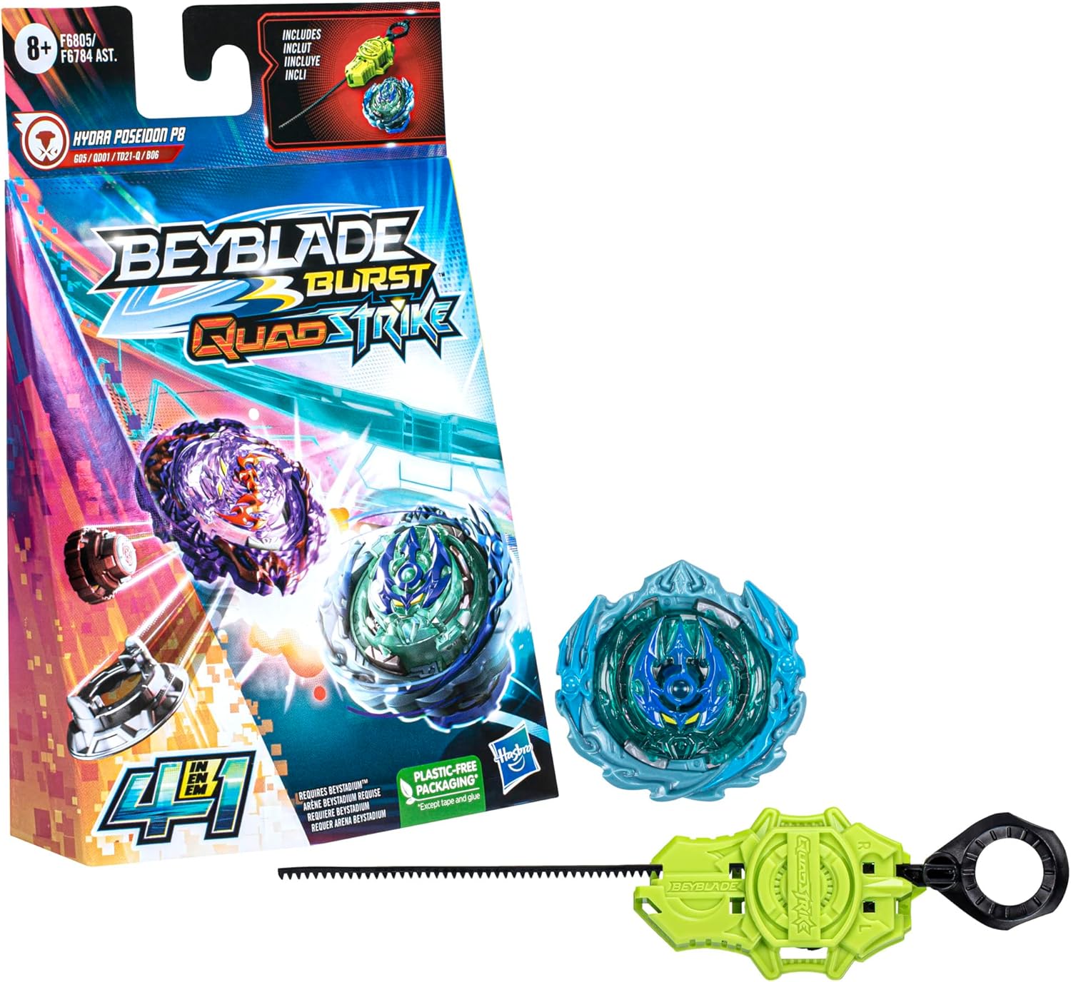Beyblade Burst QuadStrike Hydra Poseidon P8 Spinning Top Starter Pack, Balance/Defense Type Battling Game with Launcher, Kids Toy Set