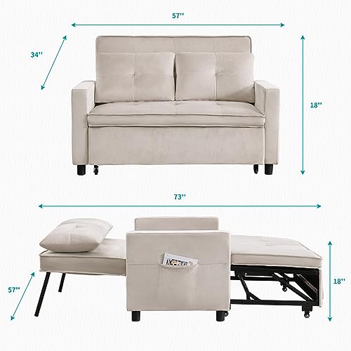 BALUS 3 in 1 Sofa Bed, 57 Inch Loveseat with Adjustable Backrest, Pull Out Sofa Couch with Side Pocket, Foldable Futon Sofa Bed，Small Sleeper Sofa for Living Room/Bedroom/Guest Room, Light Gray