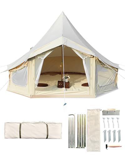 Canvas Bell Tent, 4 Seasons Yurt Tent with 2 Stove Jack, 4 Mesh Zippers Windows, Breathable Waterproof Tent Suitable for 4-12 People, Family Camping Outdoor Party