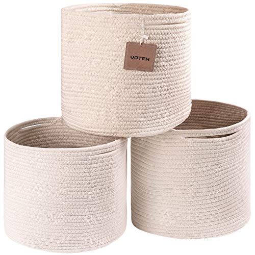 voten Cotton Rope Storage Bin,Storage Cubes 13x13’’ for Cube Shelves Organzier,Multi-use Woven Storage Basket for Organizing,Cube Storage Bin 13x13’’ for Closet,Toys,3Pack Round Off White/Camel