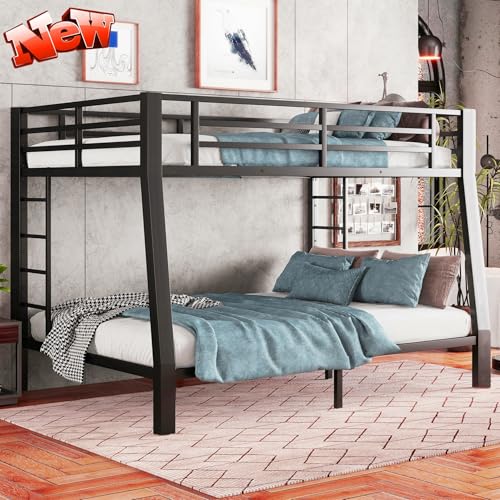 Stronger and Safer Steel Bunk Bed Twin XL Over Queen Size, Heavy Duty More Stable Thickened Metal Bunk Queen Bed with Reinforced Legs and Ladder (Easier to Assemble) (Twin XL over Queen)