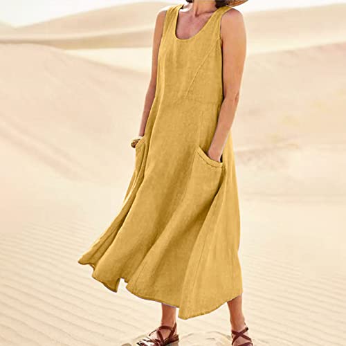 Women 2024 Summer Tank Dress Sleeveless U Neck Printed/Solid Boho Beach Shirt Maxi Flowy Linen Cotton Dresses with Pocket