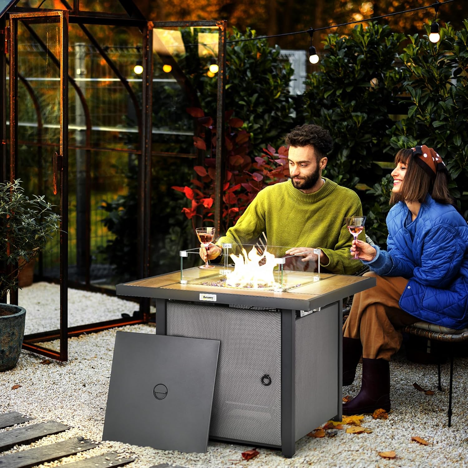 Outsunny 31 Inch Outdoor Propane Gas Fire Pit Table, 50,000 BTU Auto-Ignition Square Gas Firepit with Ceramic Tabletop, Glass Wind Guard, Lid, Glass Beads, Rain Cover, CSA Certification, Brown