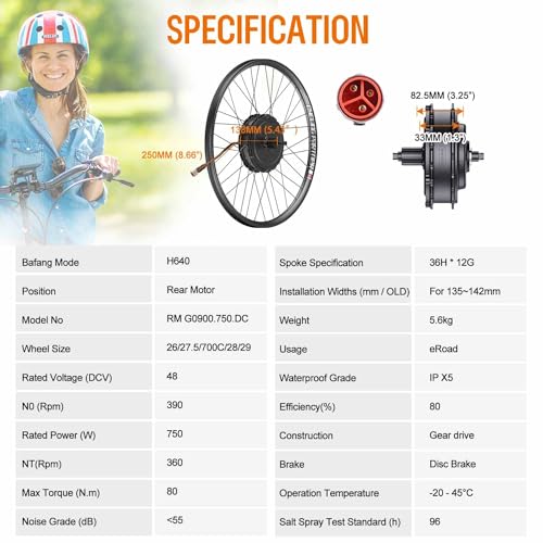 BAFANG 750W Rear Hub Motor : G0900 H640 48V Ebike Conversion Kit for 135 138 142 mm Dropout, 26
