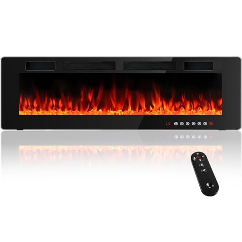 BOSSIN 50 inch Electric Fireplace Recessed and Wall Mounted, Ultra-Thin Silence Linear Electric Fireplace, 12 Adjustable Flame Color & Speed,750/1500W,Touch Screen Remote Control with 8h Timer