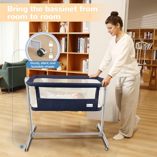 Li’l Pengyu Baby Bassinet Bedside Sleeper - Adjustable Crib All Mesh for Newborn Girl and Boy Infant Bed with Wheels (Gray)