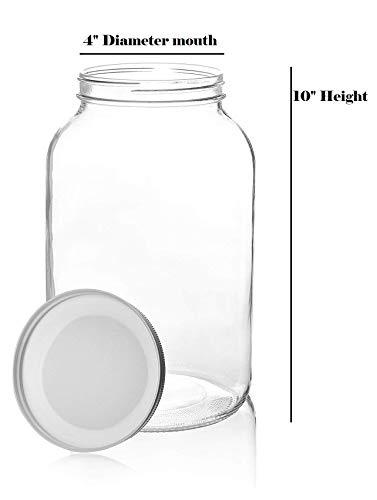 kitchentoolz 1 Gallon Glass Jar with Lid Wide Mouth Large Mason, Leak Proof Airtight Metal Lid for Fermenting Kombucha Kefir Kimchi, Canning, Egg Water Glassing, & Preserving - Pack of 2